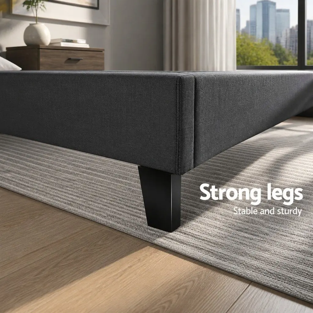 Double Bed Frame Charcoal Upholstered 202cm x 144cm Faux Linen Fabric Solid Wood