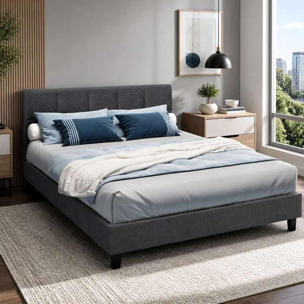Double Bed Frame Charcoal Upholstered 202cm x 144cm Faux Linen Fabric Solid Wood