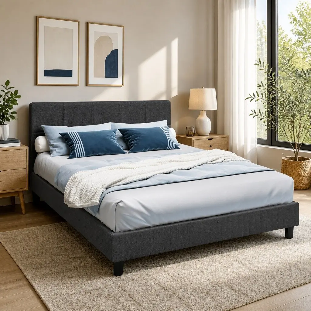 Charcoal Upholstered Queen Size Bed Frame for Comfort