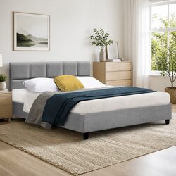 Grey Upholstered Queen Size Bed Frame with Wooden Slats