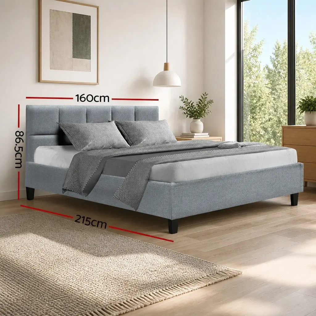 Grey Upholstered Queen Size Bed Frame with Wooden Slats