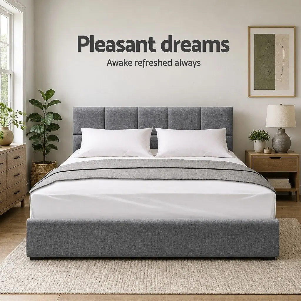 Grey Upholstered Queen Size Bed Frame with Wooden Slats