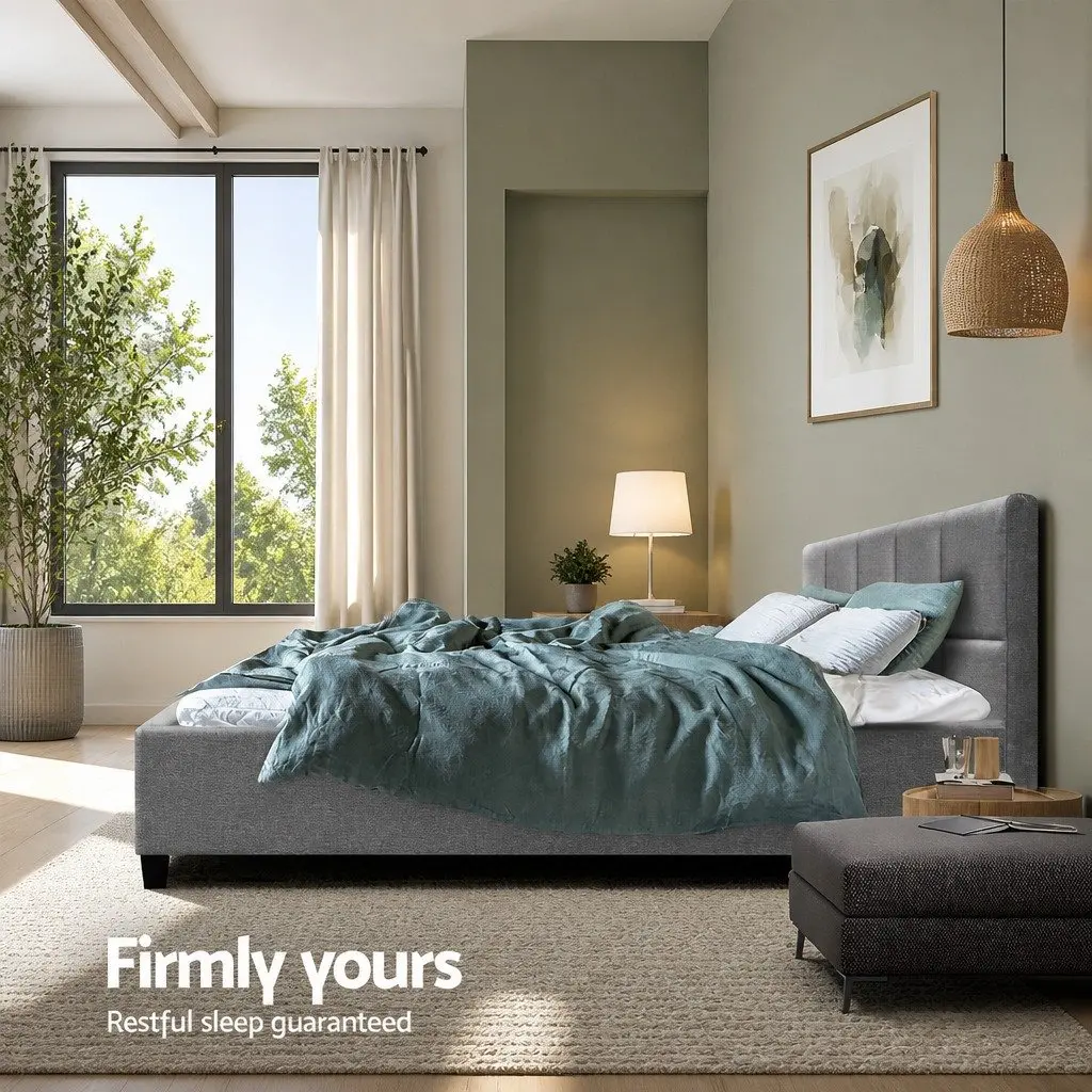 Grey Upholstered Queen Size Bed Frame with Wooden Slats