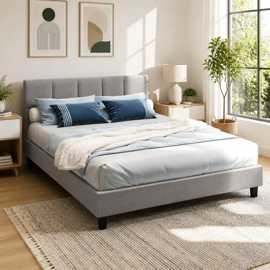 Grey Upholstered Queen Size Bed Frame with Wooden Slats