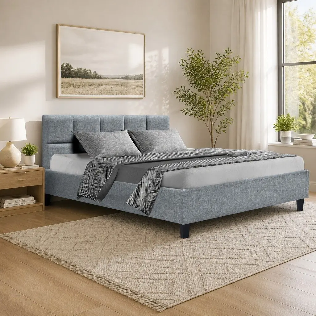 Grey Upholstered Queen Size Bed Frame with Wooden Slats