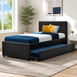 Elegant King Single Trundle Daybed Frame in Black PVC Leather