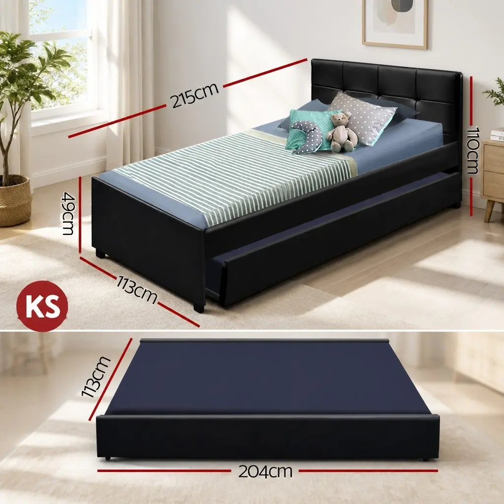 King Single Trundle Bed Frame Black PVC Leather Pull-Out Guest Bed