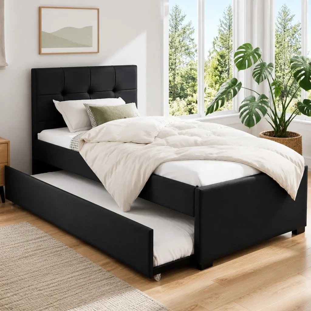 King Single Trundle Bed Frame Black PVC Leather Pull-Out Guest Bed