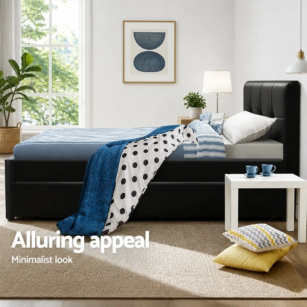 King Single Trundle Bed Frame Black PVC Leather Pull-Out Guest Bed