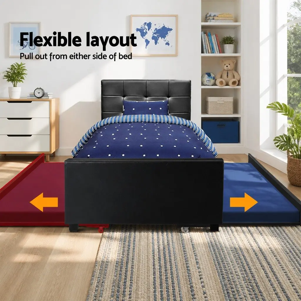 King Single Trundle Bed Frame Black PVC Leather Pull-Out Guest Bed
