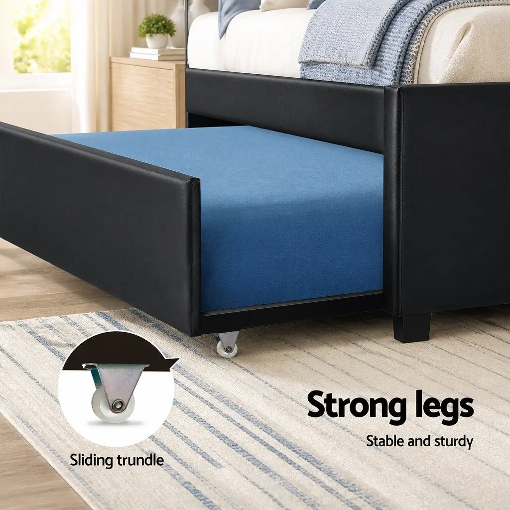 King Single Trundle Bed Frame Black PVC Leather Pull-Out Guest Bed