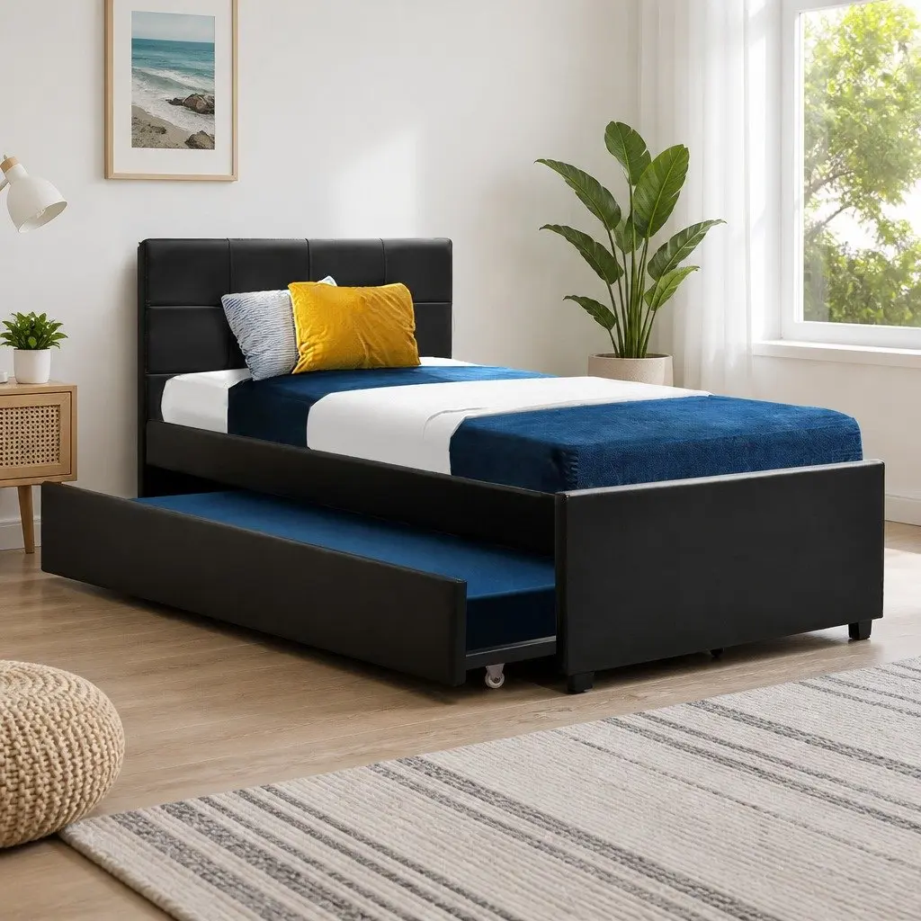 King Single Trundle Bed Frame Black PVC Leather Pull-Out Guest Bed