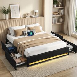 Upholstered Double Bed Frame with Storage and RGB Lighting
