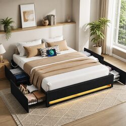 Queen Bed Frame with Storage Drawers and RGB Lighting