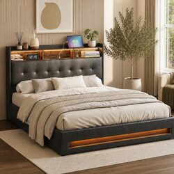 Elegant Queen Bed Frame with Gas Lift Storage and LED Lights