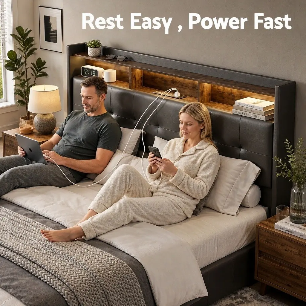 Queen Bed Frame with Gas Lift Storage and LED Lights