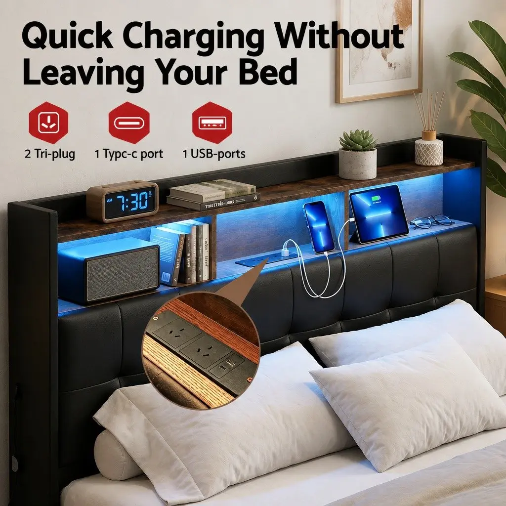 Queen Bed Frame with Gas Lift Storage and LED Lights