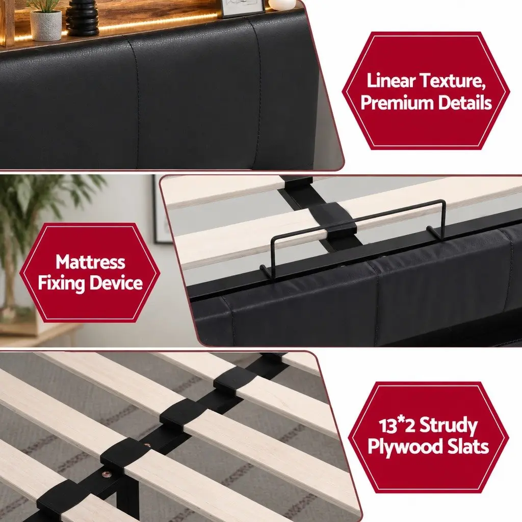Queen Bed Frame with Gas Lift Storage and LED Lights