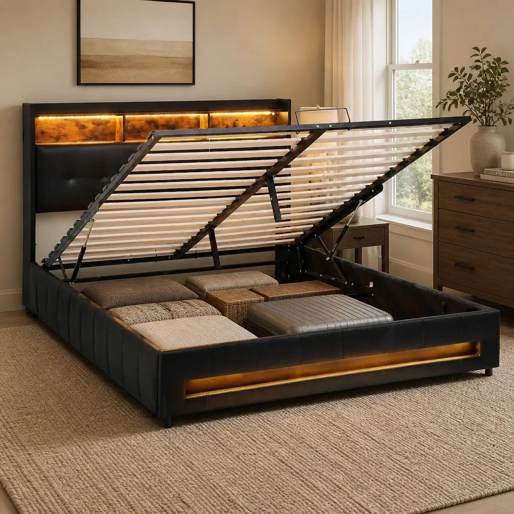 Queen Bed Frame with Gas Lift Storage and LED Lights