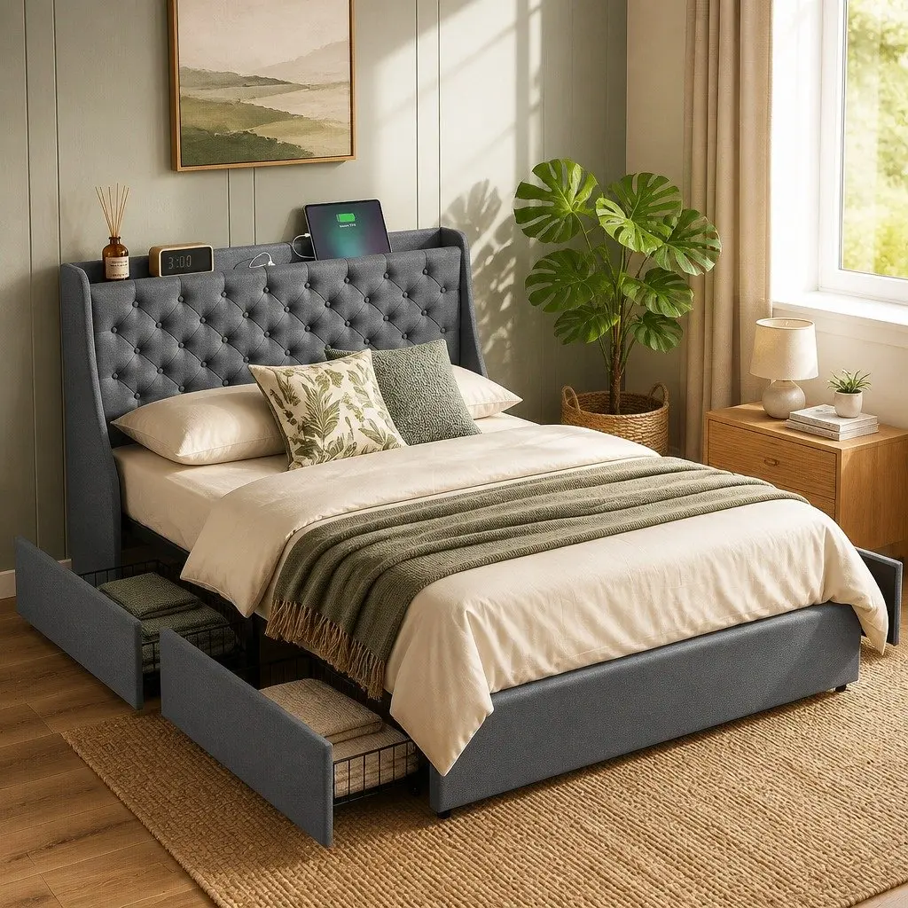 Double Bed Frame with Tufted Wingback and 4 Drawers