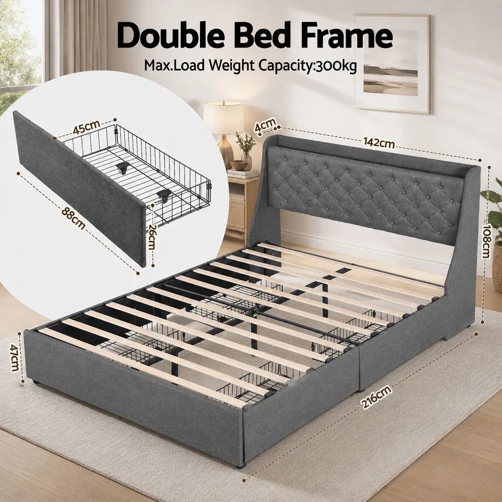 Double Bed Frame with 4 Storage Drawers Tufted Wingback Headboard Charging