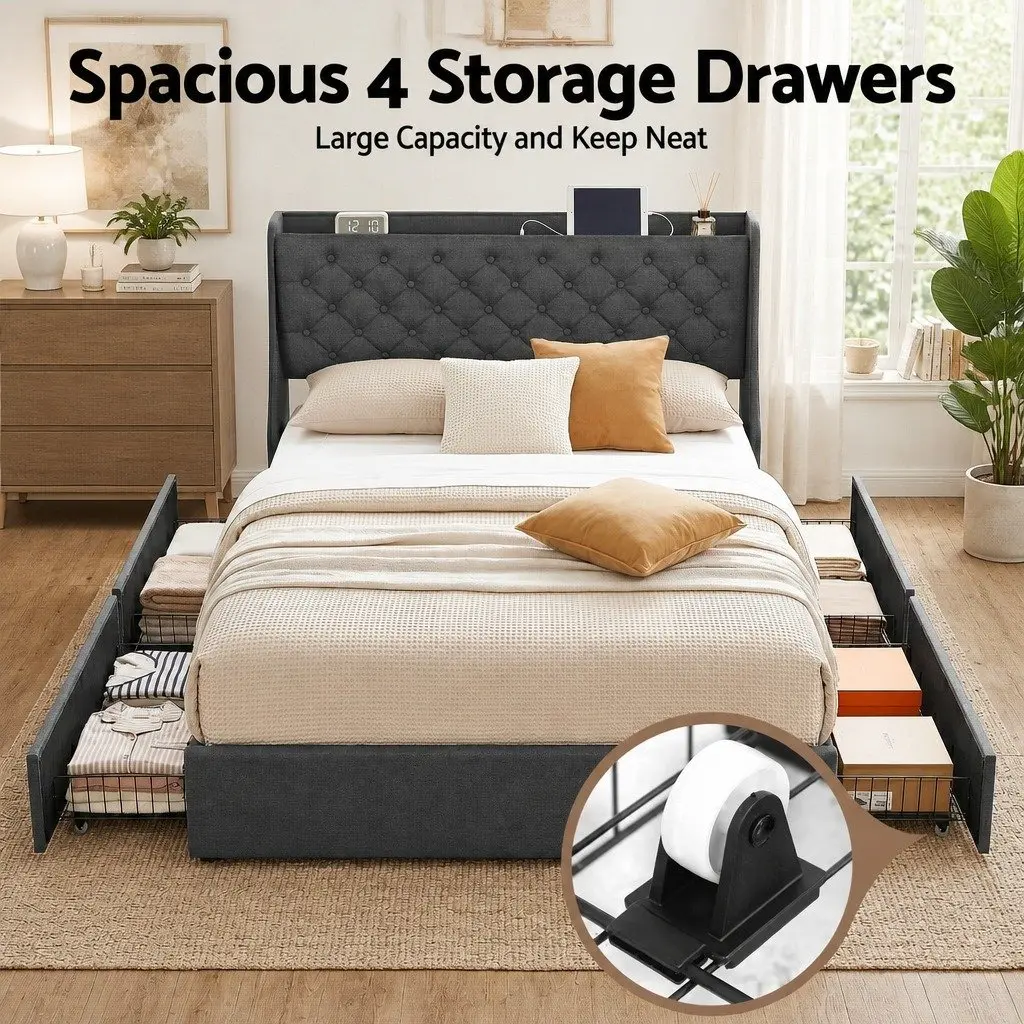 Double Bed Frame with 4 Storage Drawers Tufted Wingback Headboard Charging