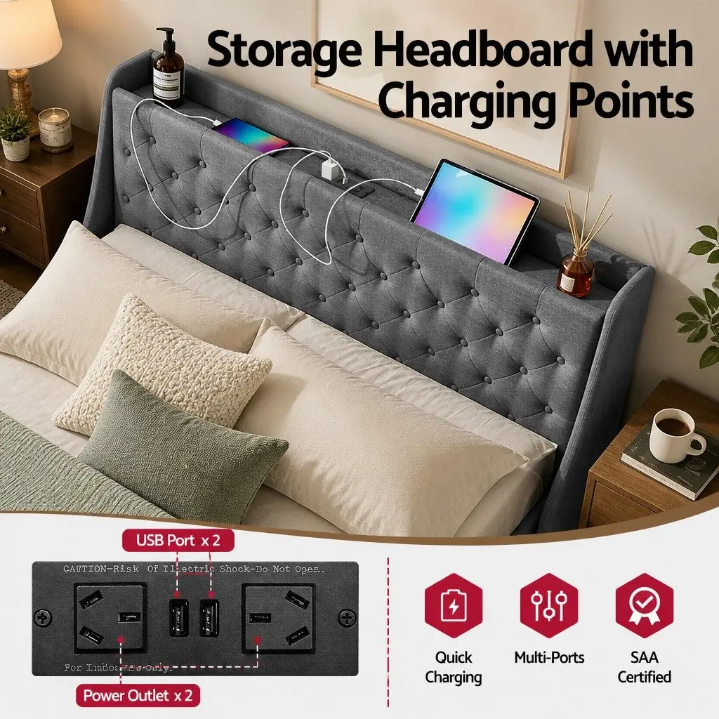 Double Bed Frame with 4 Storage Drawers Tufted Wingback Headboard Charging