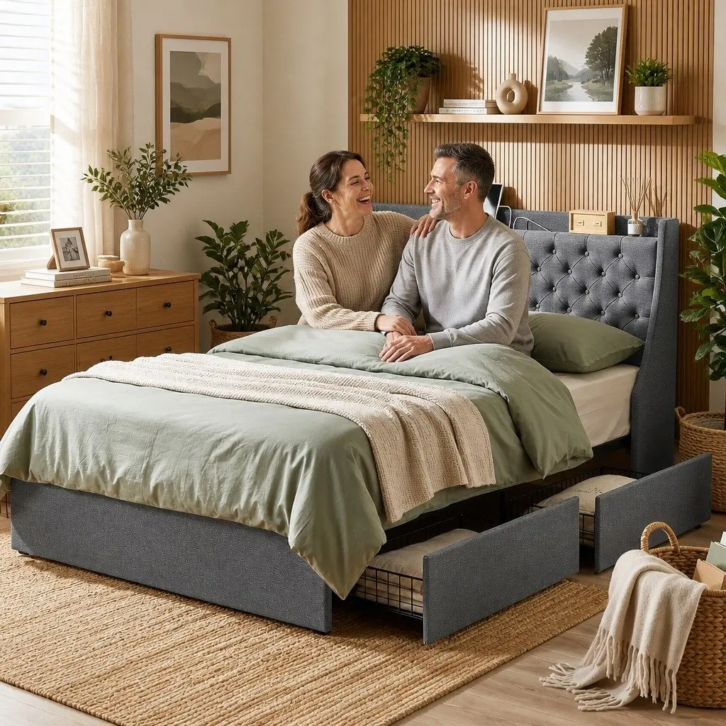Double Bed Frame with 4 Storage Drawers Tufted Wingback Headboard Charging