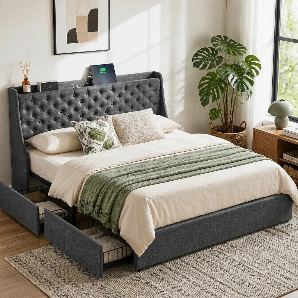 Upholstered King Bed Frame with 4 Drawers and Wingback