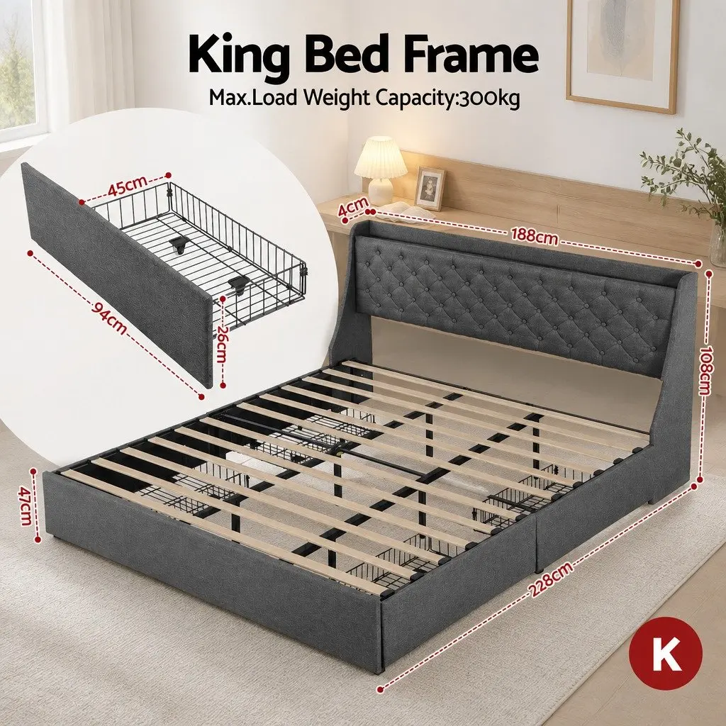 Upholstered King Bed Frame with 4 Drawers and Wingback