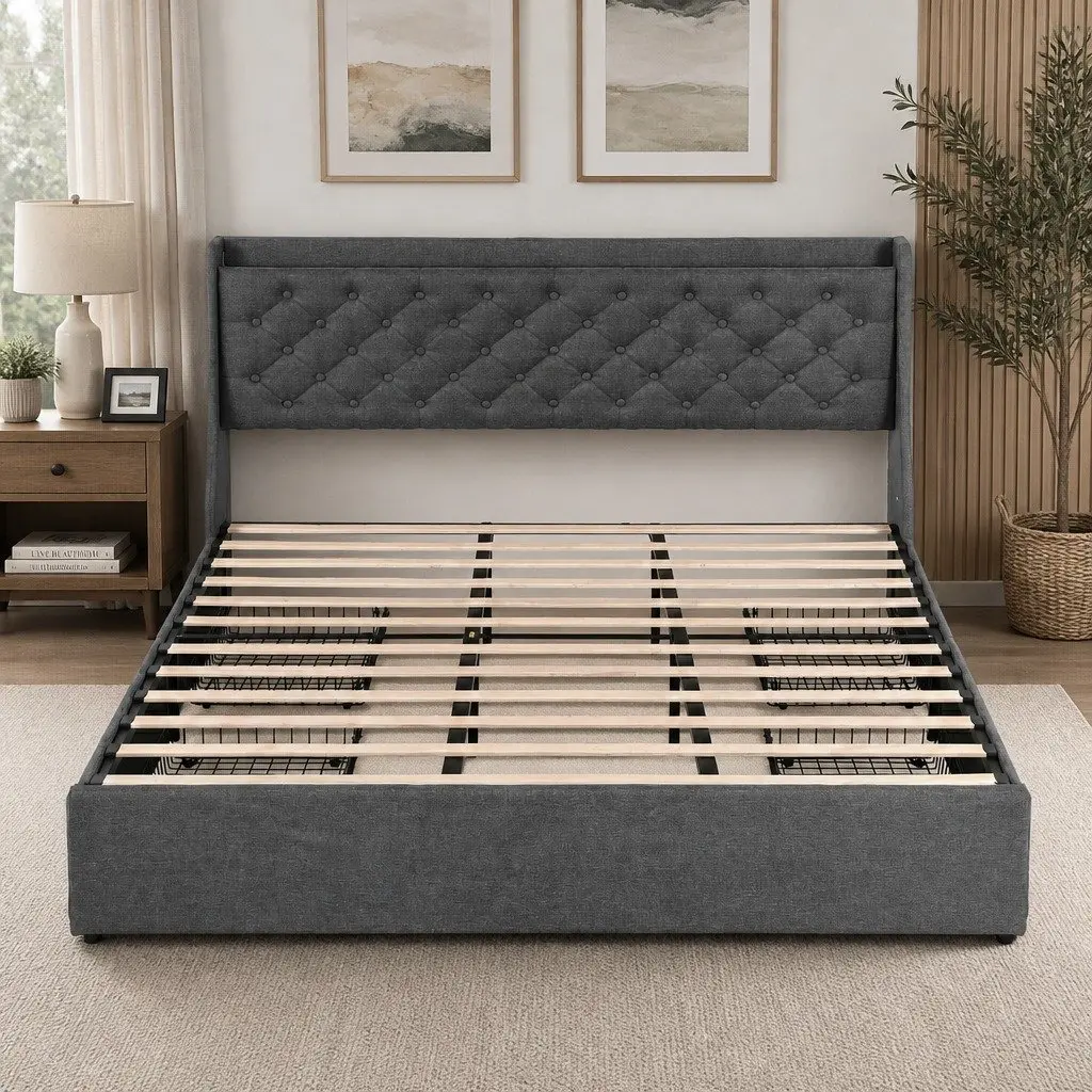 Upholstered King Bed Frame with 4 Drawers and Wingback