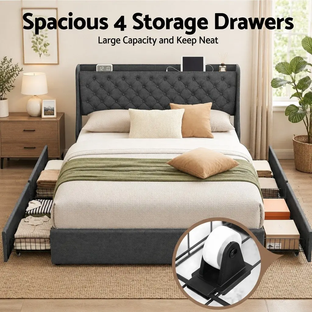Upholstered King Bed Frame with 4 Drawers and Wingback
