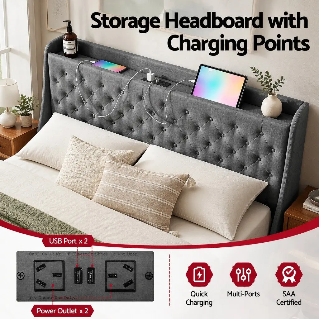 Upholstered King Bed Frame with 4 Drawers and Wingback