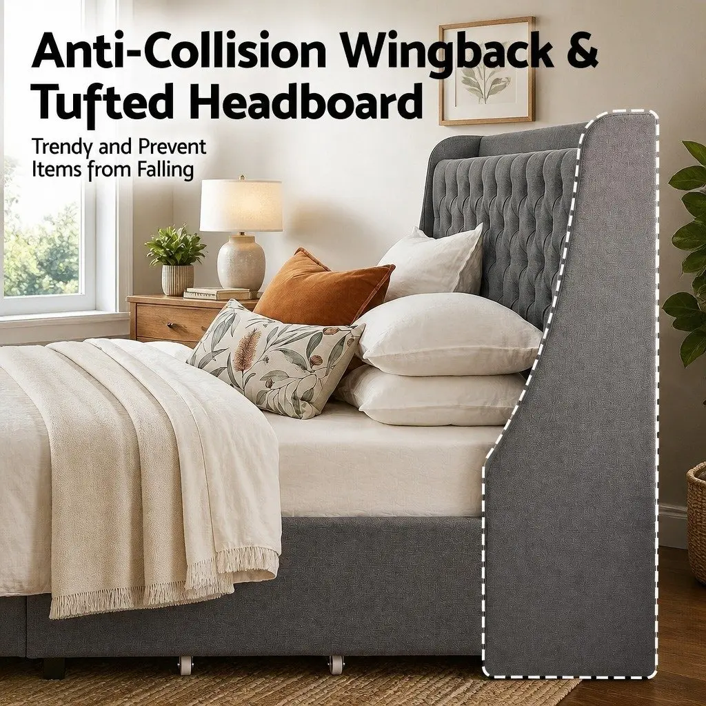Upholstered King Bed Frame with 4 Drawers and Wingback