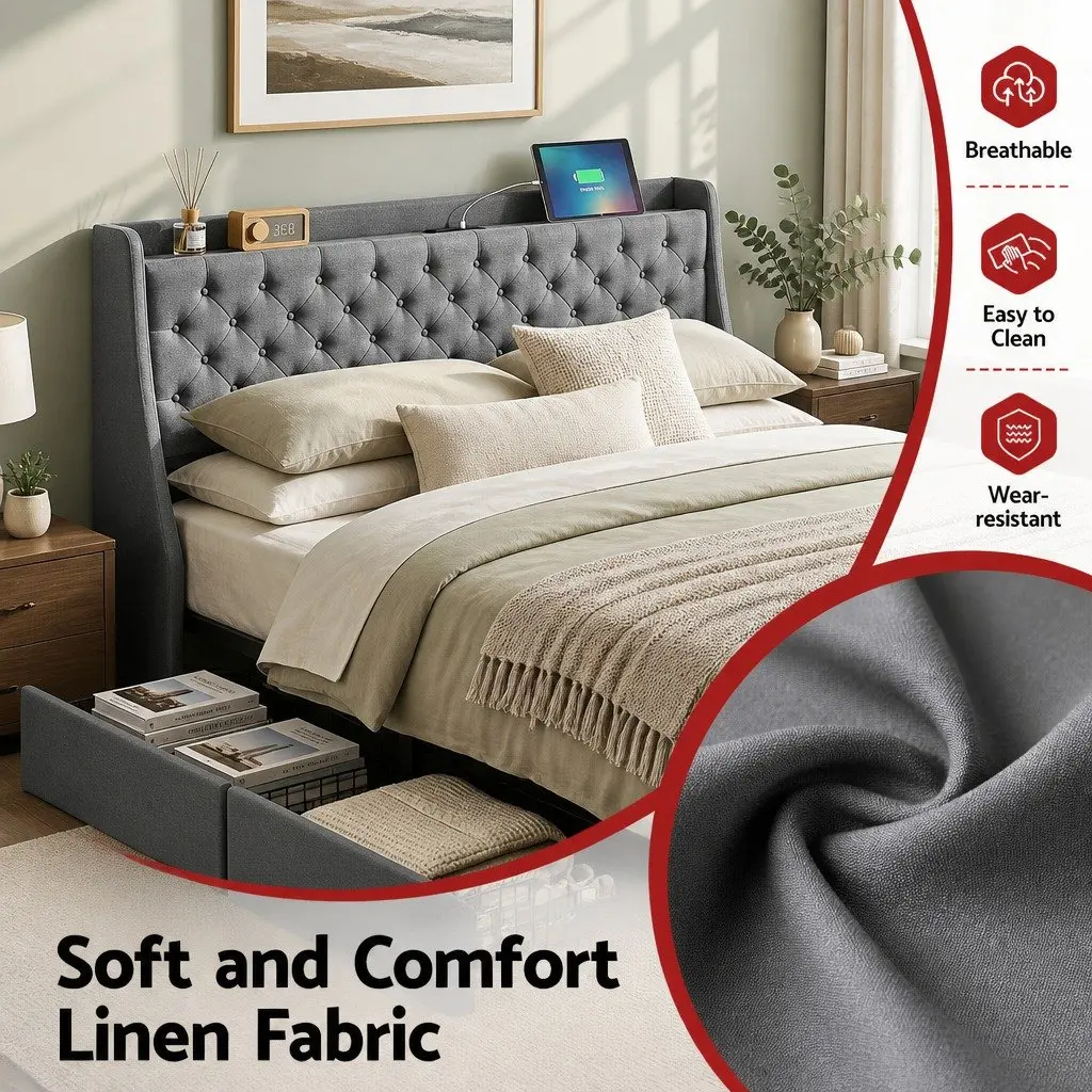 Upholstered King Bed Frame with 4 Drawers and Wingback
