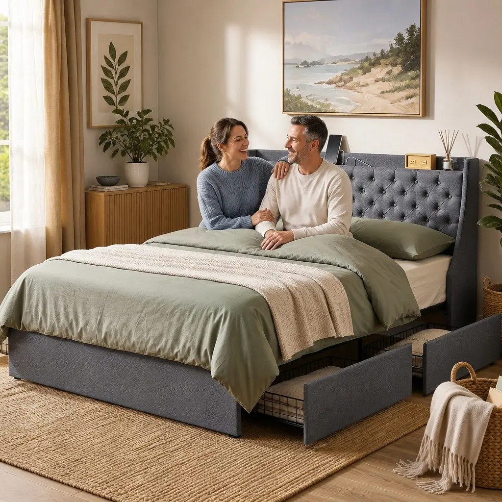 Upholstered King Bed Frame with 4 Drawers and Wingback
