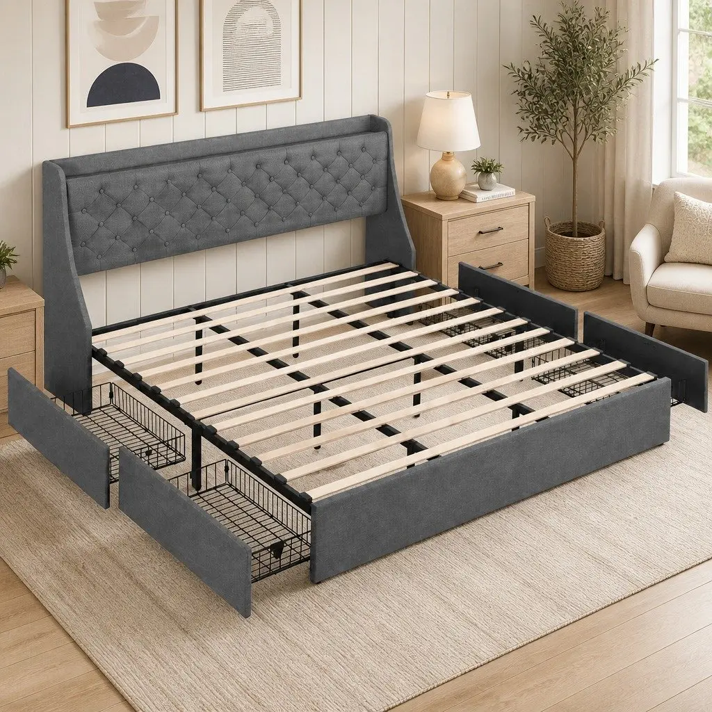 Upholstered King Bed Frame with 4 Drawers and Wingback