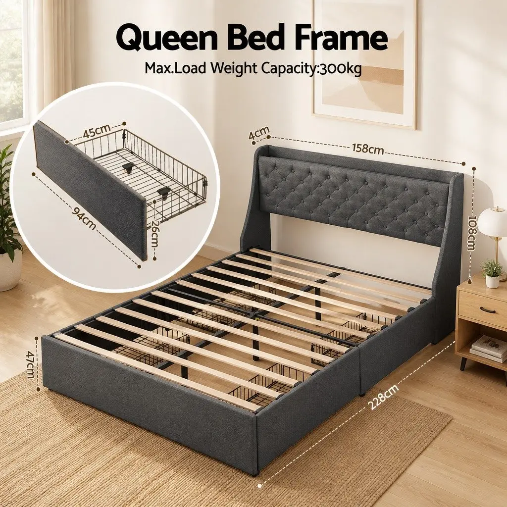 Queen Bed Frame Tufted Wingback Headboard Charcoal Grey Faux Linen Fabric with 4 Storage Drawers and Charging Station
