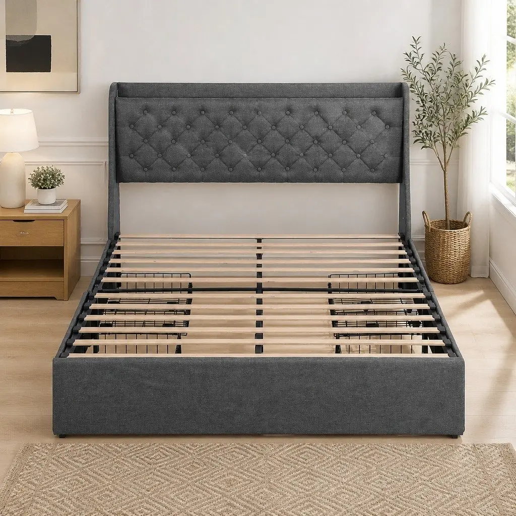 Queen Bed Frame Tufted Wingback Headboard Charcoal Grey Faux Linen Fabric with 4 Storage Drawers and Charging Station