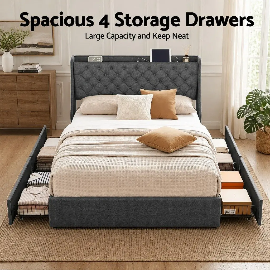 Queen Bed Frame Tufted Wingback Headboard Charcoal Grey Faux Linen Fabric with 4 Storage Drawers and Charging Station