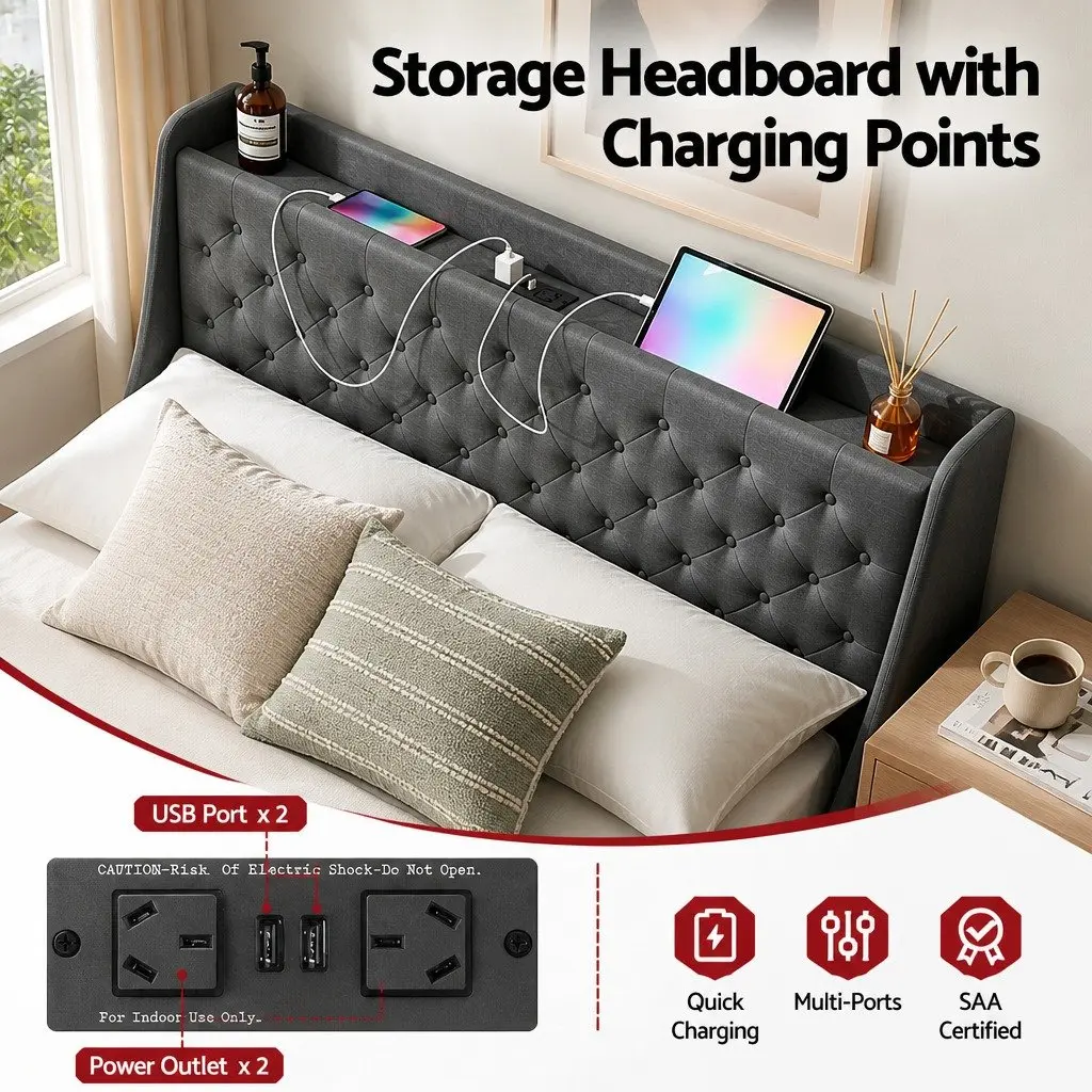 Queen Bed Frame Tufted Wingback Headboard Charcoal Grey Faux Linen Fabric with 4 Storage Drawers and Charging Station