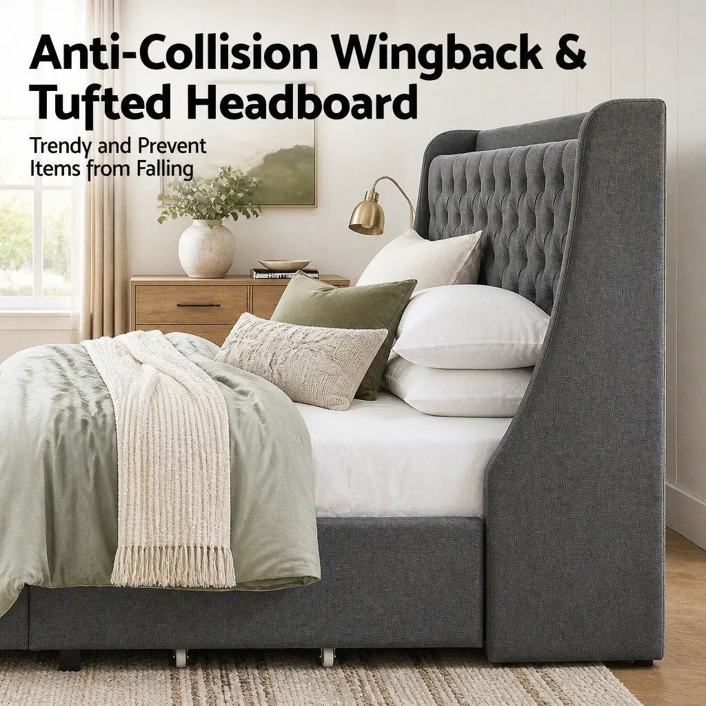 Queen Bed Frame Tufted Wingback Headboard Charcoal Grey Faux Linen Fabric with 4 Storage Drawers and Charging Station