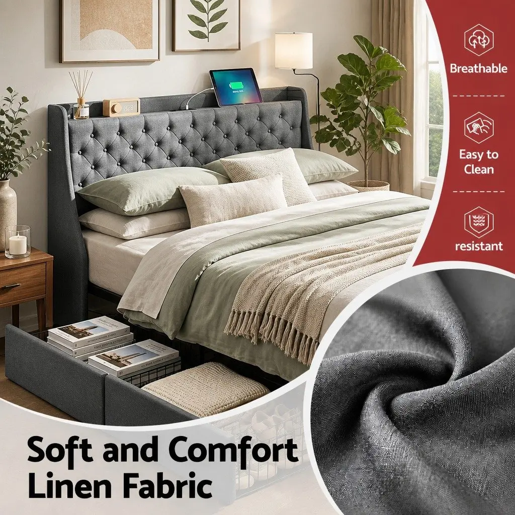 Queen Bed Frame Tufted Wingback Headboard Charcoal Grey Faux Linen Fabric with 4 Storage Drawers and Charging Station