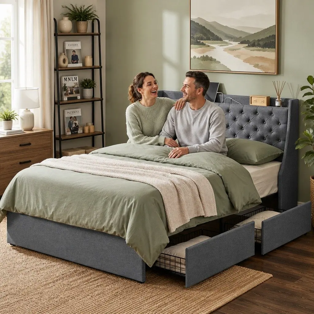 Queen Bed Frame Tufted Wingback Headboard Charcoal Grey Faux Linen Fabric with 4 Storage Drawers and Charging Station