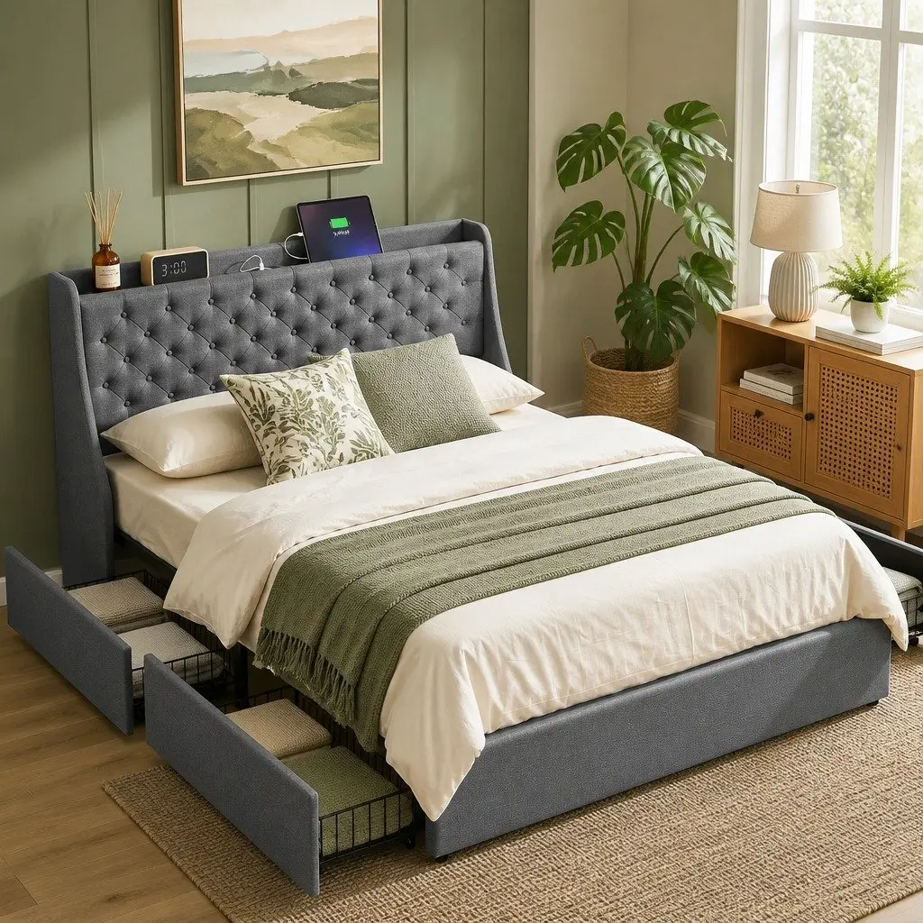 Queen Bed Frame Tufted Wingback Headboard Charcoal Grey Faux Linen Fabric with 4 Storage Drawers and Charging Station