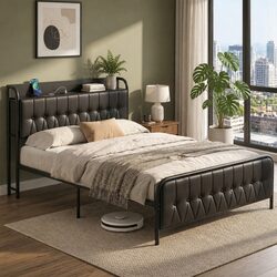 Stylish Double Bed Frame with Storage Headboard in Black
