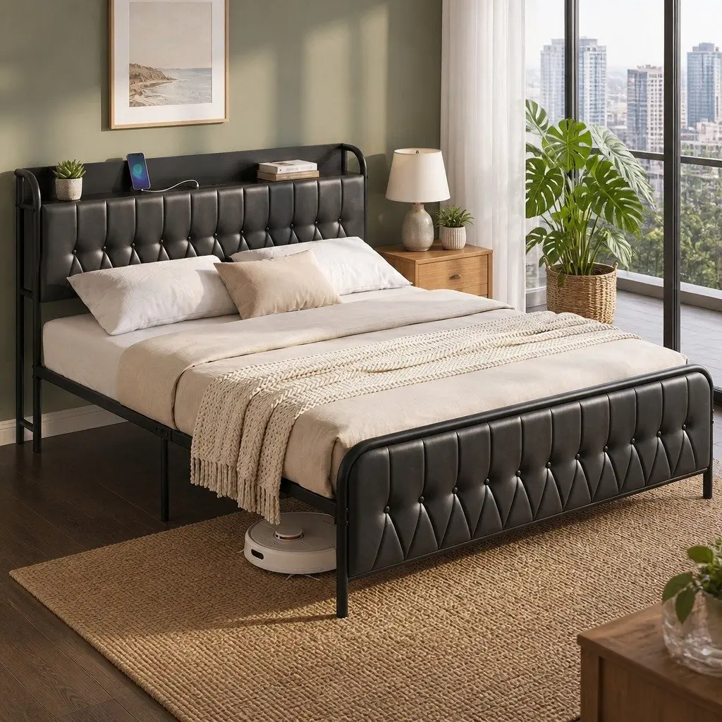 King Bed Frame with Charging Station and Storage