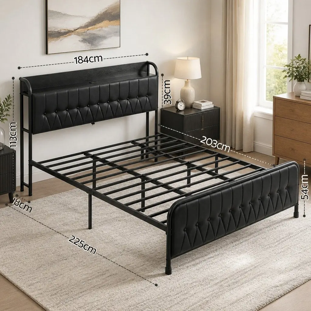 King Bed Frame with Charging Station and Storage