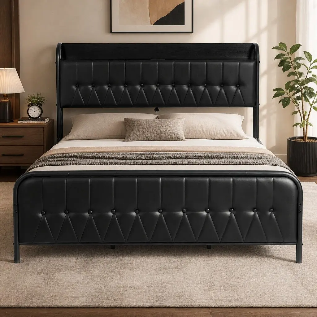 King Bed Frame with Charging Station and Storage
