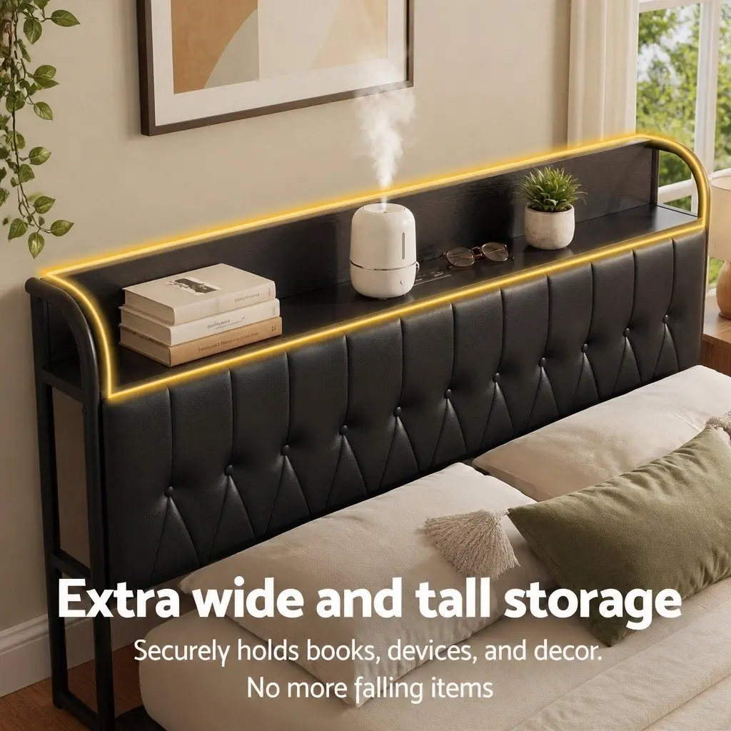 King Bed Frame with Charging Station and Storage
